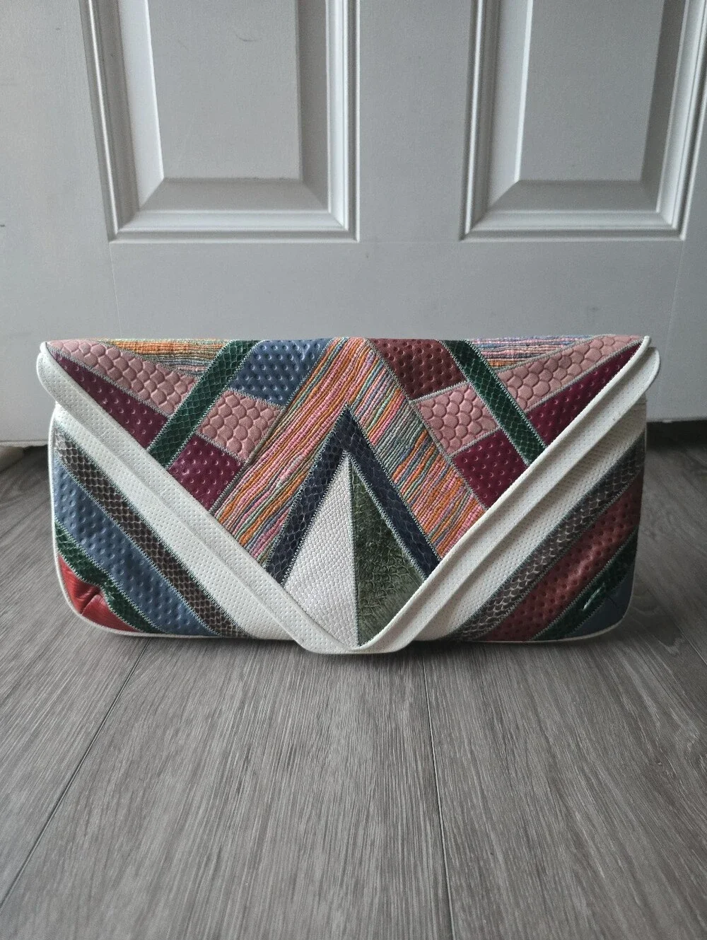 Vintage Patchwork Snakeskin Embossed Oversized Envelope Clutch Multicolor Boho